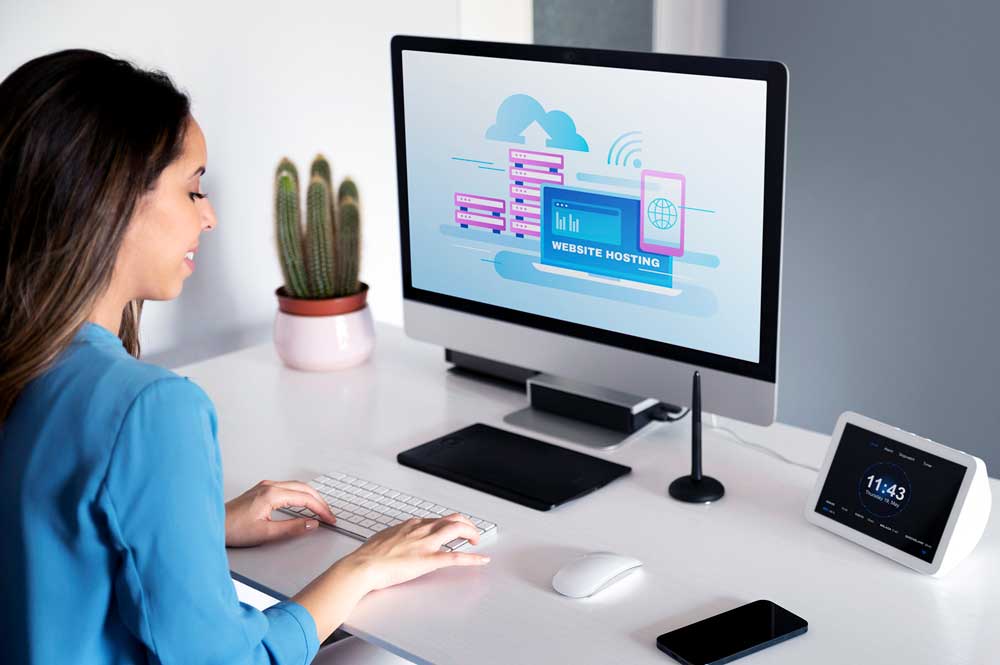 website hosting concept with woman working computer